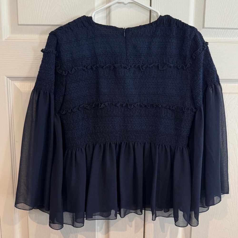 SeeByChloe Dark Navy Blue Smocked Peplum Ruffle Bell Sleeve Top SZ 6 Dainty - Picture 7 of 8